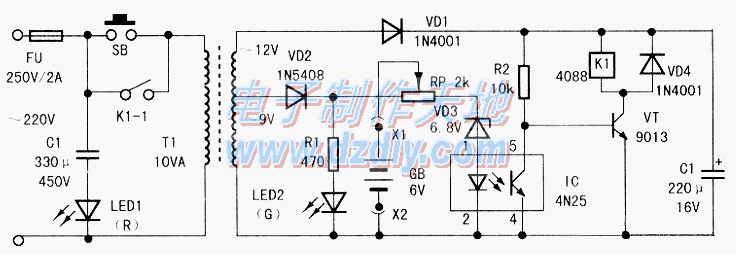 简单易制的自动充电器电路图Simple battery charger